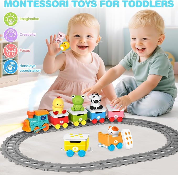 Learning Toy for Toddlers Ages 2-4, Electric Toys Trains with Lights, Music & Steam, Counting, Matching & Sorting Montessori Toy with 6 Finger Puppets, Birthday Xmas Gifts for Baby Boys Girls 18M+