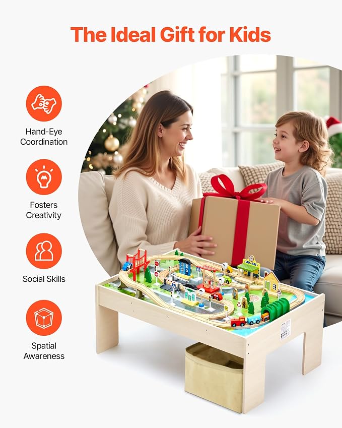 VEVOR Train Table, 84 Multicolor Pieces Wooden Kids Activity Table with Collapsible Storage Bin, 3-in-1 Wooden Train Set for Gaming, Drawing, Reading, Eating, Creative Toy Set for Kids Ages 3+