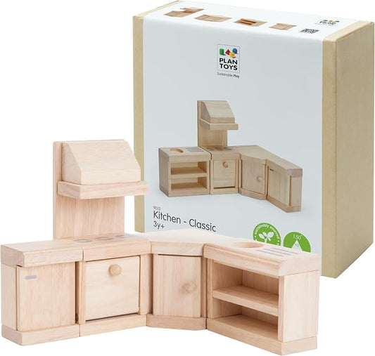 PlanToys® Kitchen Classic Set for Montessori Inspired Role Play | Pretend Cooking, Social Interaction and Practical Life Exploration | Eco Friendly Wooden Kitchen for Imaginative Learning