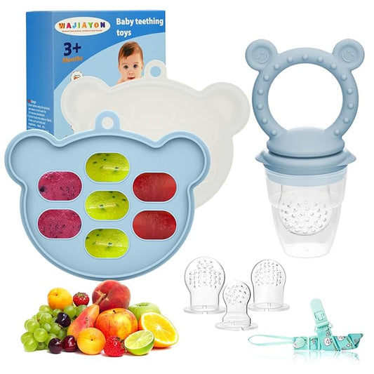 Baby Breastmilk Popsicle Molds & Fruit Feeder (2 Pack), Baby Food Freezer Tray Storage Containers, Silicone Teething Pacifier Feeder and Teether for Babies - Sky Blue
