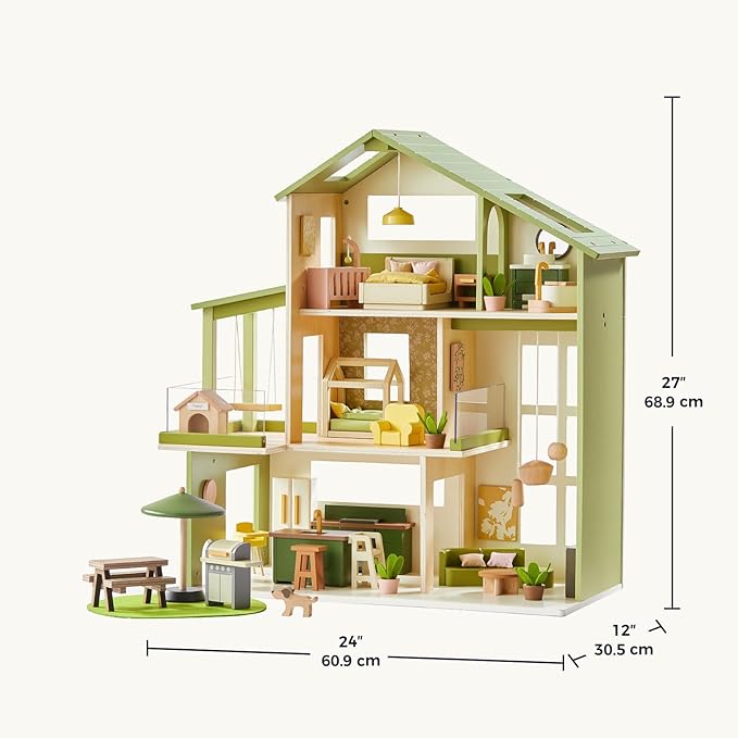 Tiny Land Wooden Doll House, Modern Family Dollhouse with Realistic Design, 7 Rooms Dollhouse with 49 PCS Accessories, Montessori Pretend Play Toddler Toy, Ideal Gift for Kids Ages 3+, Green