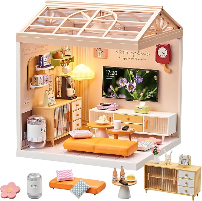 Miniature Living Room DIY Kit – 92Pcs 1:24 Scale Dollhouse Furniture with LED Light, Modular Scene Connector & Realistic Details for Kids 8+ and Collectors