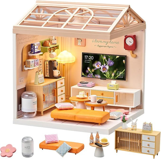 Miniature Living Room DIY Kit – 92Pcs 1:24 Scale Dollhouse Furniture with LED Light, Modular Scene Connector & Realistic Details for Kids 8+ and Collectors