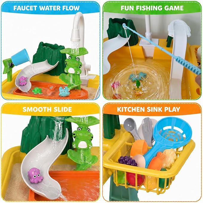 Toddler Water Table with Running Water Sink, 2026 Upgraded Kids Kitchen Play Sink Toy with Pump, Fishing Game & Sensory Water Play Toys for Boys Girls Ages 1-3