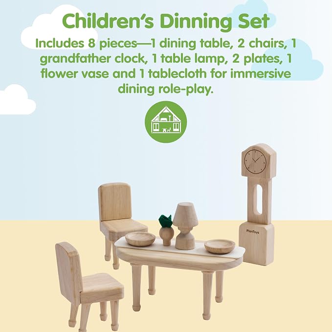 PlanToys® Wooden Victorian Dining Room Set | Montessori Dollhouse Dining Setup for Social Interaction, Mealtime Play & Imaginative Storytelling | Eco Friendly Wooden Dollhouse Dining Furniture