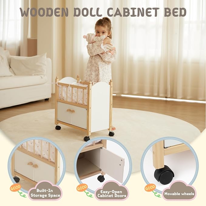 Freniland Wooden Doll Bed with Storage, Wheels & Bedding – Rolling Doll Crib with Built-in Storage for Toys, Pretend Play Doll Furniture for 18 Inch Dolls