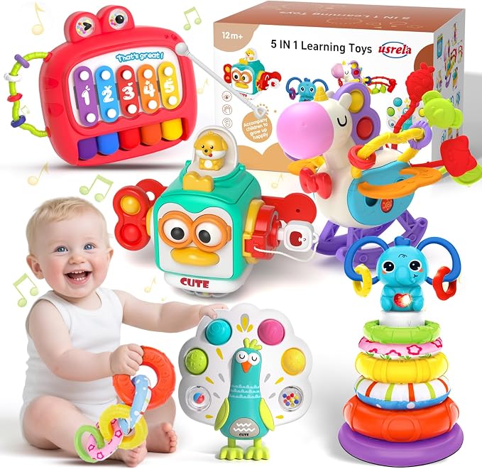 usrela 5 in 1 Baby Toys for 12 18 Month, Learning Toy for Babies 12-18 Months, Baby Busy Cube, Stacking&Sensory, Pull String&Piano Xylophone Toy, Birthday Gift for 12+ Month
