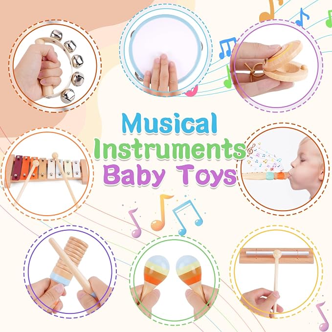 Wooden Toddler Musical Instruments Set, Montessori 18 Month Old Baby Musical Toys, Kids Percussion Instruments Xylophone Maracas for Toddlers 2 3 4, Preschool Christmas Birthday Gifts for Girls Boys