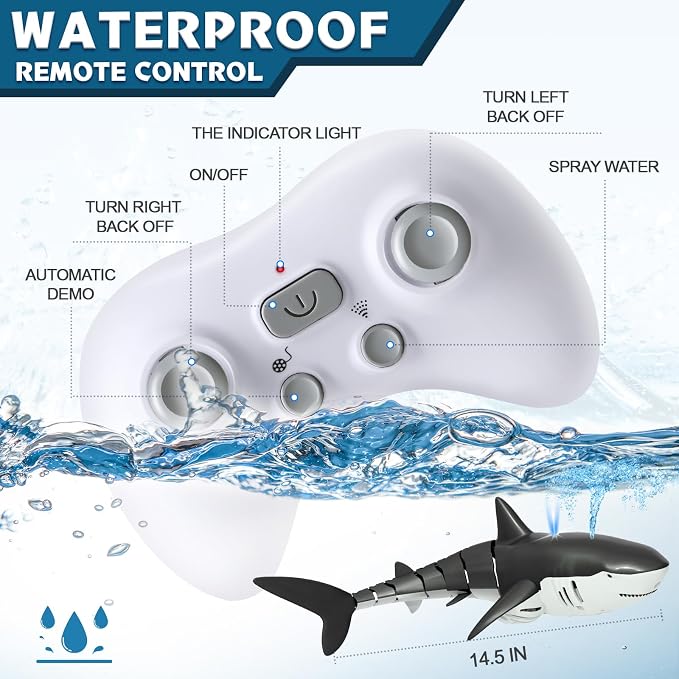 2.4Ghz RC Pool Toys Remote Control Shark for Boys Kids, Highly Realistic Shark Pool Toys for Kids, RC Boat Outdoor Water Toy with Light and Spray Water for Boys Girls Ages 6+ (with 2 Batteries)