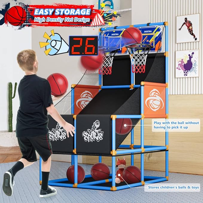 Dual Shot Arcade Basketball Game Set Boy Toys:Kids Basketball Hoop with 6 Balls Electronic Scoreboard LED Light Indoor Outdoor Sports Toy Activities for Boys Girls Birthday Gifts Aged 3-5 6-8 8-12