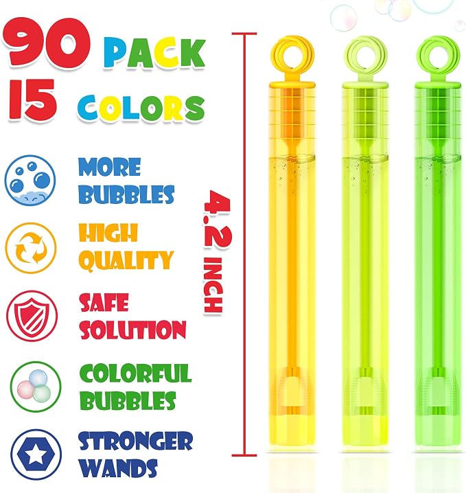 INSCRAFT Bubble Wand, 90 Pack Mini Bubble Wands Bulk 15 Colors for Halloween, Summer Toys, Wedding, Outdoor Indoor Activity Use, Bubbles Party Favors, Gifts for Kids Toddlers