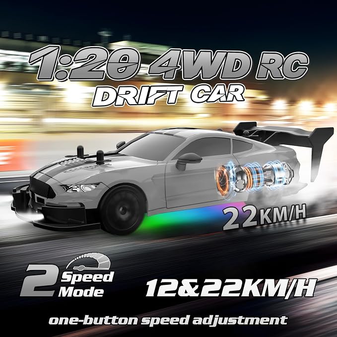 RC Drift Car 1/20 Scale 2.4GHz 4WD Remote Control Car with Led Lights 22KM/H High Speed Rechargeable Batteries Racing Sport Cars RC Cars for Kids Boys Girls Adults Gifts Birthday Christmas