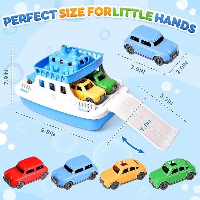 Toy Boat Bath Toys for Toddlers with 4 Mini Car Toys, Kids Water Toys Ferry Boat for Bathtub Bathroom Pool Beach Toys, Birthday Gifts