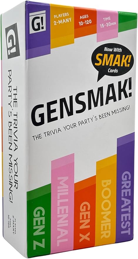 GENSMAK! Trivia Party Game for Adults & Families Multi-Generational Trivia Card Game for Game Night Funny Trivia with Hints 2-8+ Players Ages 10+