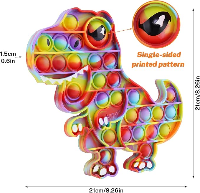 Dinosaur Pop Fidget Toy for Travel, Home, Classroom, Kids & Adults Silicone Stress Relief Sensory Toy, Dual-Sided Educational Bubble Toy for Fine Motor Skills, Focus, Anxiety Reduction (Rainbow)