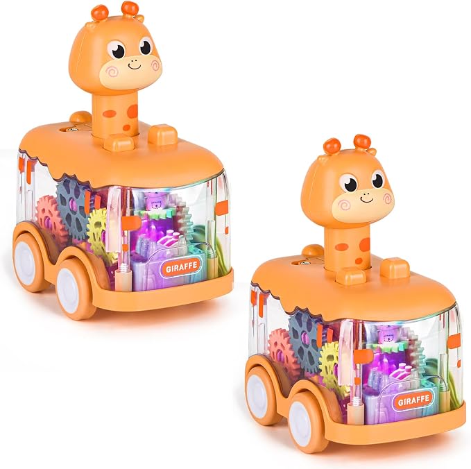 ShinySong Press and Go Car for Toddlers, 2 Pack Light Up Baby Animal Car Toys with Visible Gears, Birthday Gifts for Boys Girls, Giraffe 2PCS