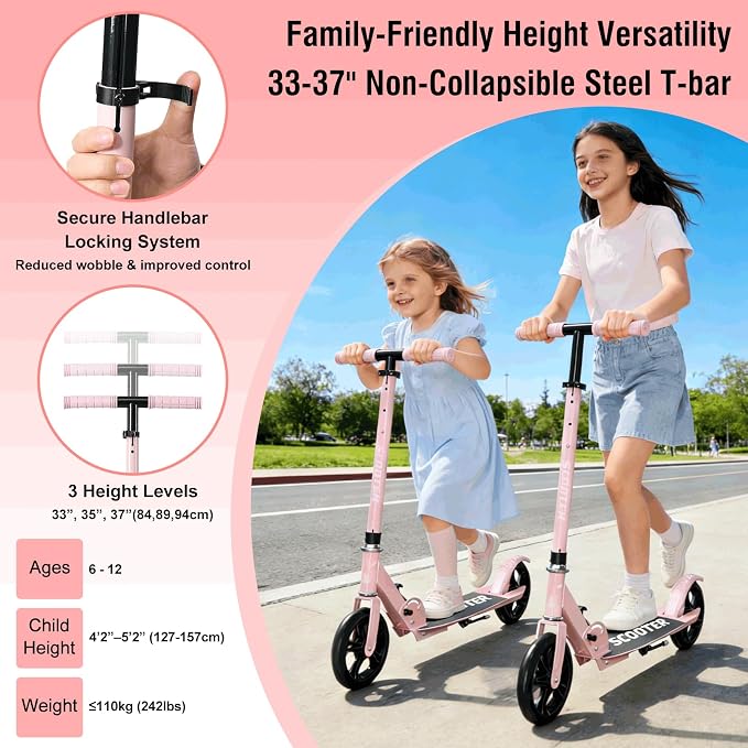 Scooter for Age 6+, Folding Kick Scooters for Kids 8-12,Teens, Adults up to 250Lbs,3 Adjustable Heights, Rear Brake, Wide Antislip Deck, Lightweight Scooter for Boys Girls