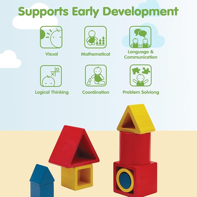PlanToys® Nesting Puzzle Wooden Toy Set for Kids Ages 3+ | Montessori Stacking & Shape Recognition Activity for Spatial Awareness, Creativity & Coordination | Eco-Friendly Educational Toy