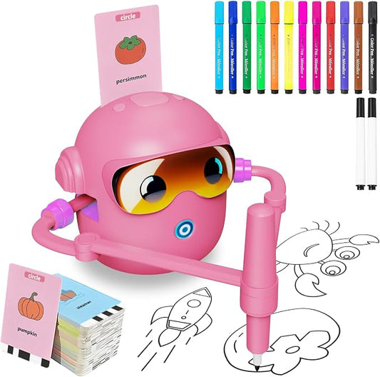 Peledic Drawing Robot Toy for Kids with 100 Word Cards & 12 Color Pens, Voice Interactive Educational Drawing Machine, Montessori Painting Toys for 3 4 5 6 7 8 Year Old Boys Girls Easter Gifts (Pink)