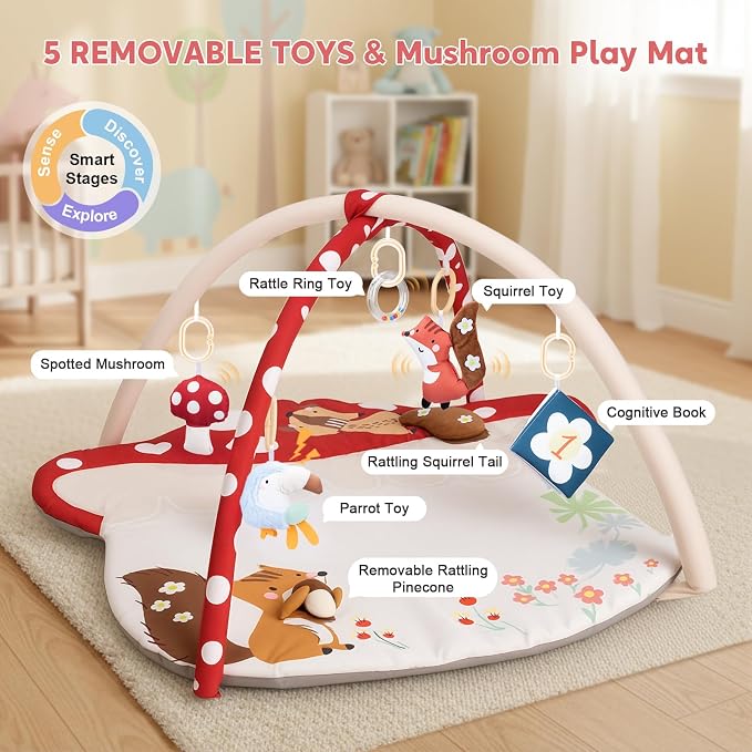 suihuooo 3-in-1 Baby Play Mat & Baby Seats for Infants for Sitting Up, Tummy Time Gym Activity Mat with 5 Detachable Toys, for Babies 0-6-12-18 Months, Newborn Babies Shower Gifts(Red)