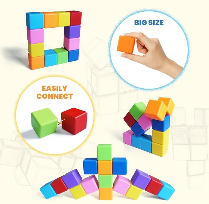 Large Magnetic Building Blocks, 8 Colors 1.65 Inch Magnetic Blocks for Toddlers 1-3, Magnet Cubes Sensory Stacking Learning Toys, Birthday Gifts for Boys and Girls, 16PCS