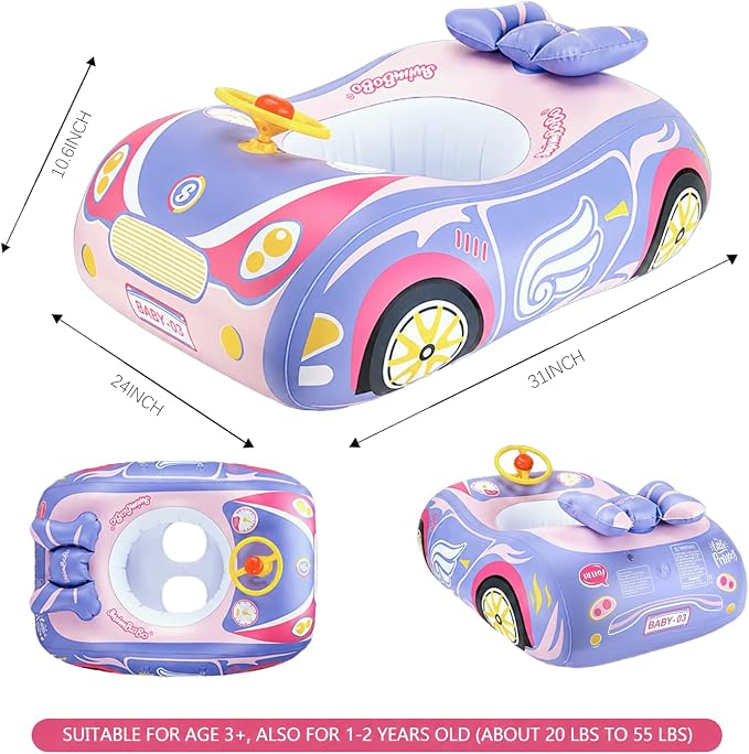 Baby Pool Float Toddler Floaties 3D Car Baby Float for 12-48 Months Inflatable Heavy Duty 0.35mm PVC Seat Boat Pool Toys Float No Flip Swimming Floaties for Boys&Girls1-5 Years