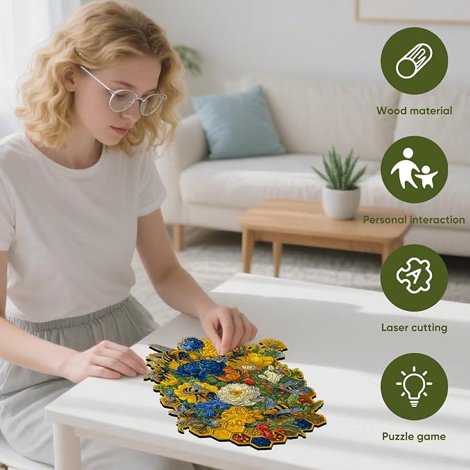 Mys Aurora Puzzles for Adults Flower and Bee Wooden Puzzles, 500 Pieces Unique Shaped Jigsaw Puzzles, Birthday for Mom Adults, Fun Challenge Family Game