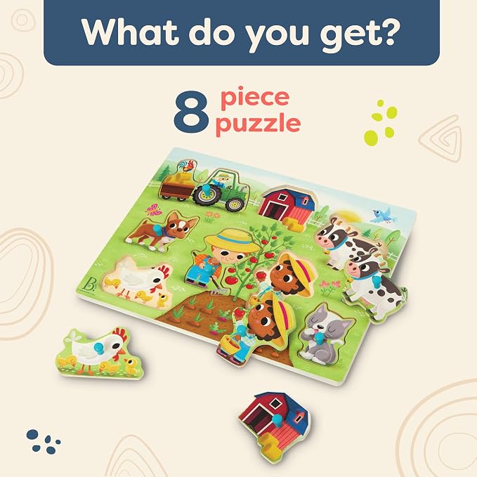 B. toys – Peek & Explore – Barnyard – Wooden Peg Puzzle – Farm Puzzle for Toddlers, Kids – 8 Barnyard Pieces – Barn, Animals, Farmers & More – 2+ Years