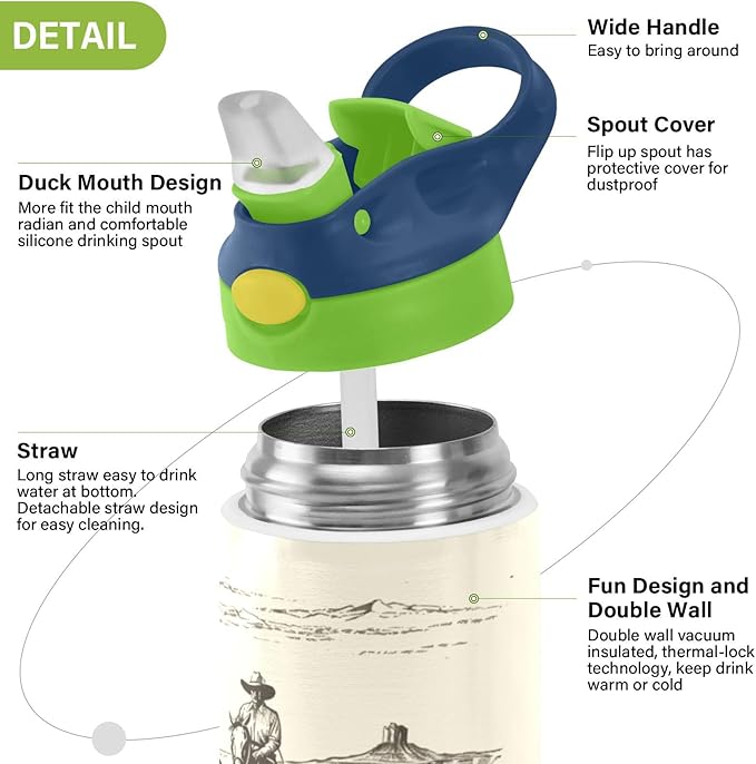 Boccsty Horse Cowboys Kids Water Bottle with Straw Lid American Wild West Desert Insulated Stainless Steel Reusable Tumbler for Boys Girls Toddlers 12 oz Green