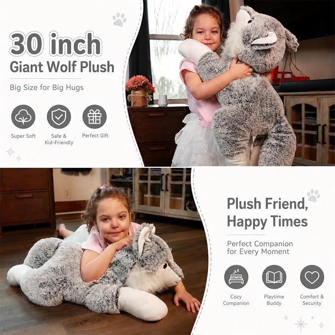 BENINY 30 Inch Giant Wolf Stuffed Animal, Super Soft Big Winter Wolf Plush Toy Pillow, Fluffy Stuffed Wolf Plushie for Kids and Adults, Birthday