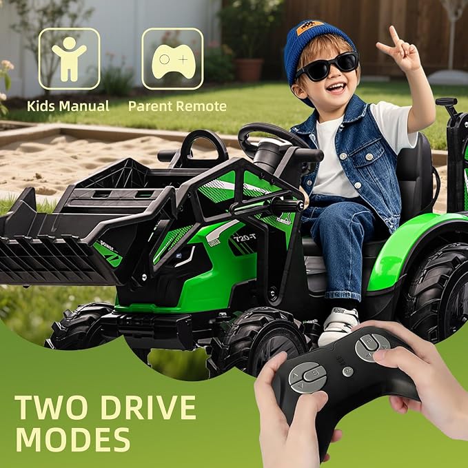 3 in 1 Ride on Tractor, 24V Ride on Toy for Big Kids, Excavator Bulldozer - Battery-Powered Electric Vehicle w/Trailer, Digger, Remote Control, LED Lights, Music, USB, Battery Powered, Green