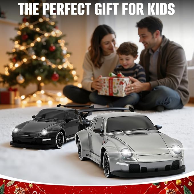 RC Drift Car,1:24 Scale Remote Control Car, 2.4GHz 20KM/H 4WD High Speed RC Cars for Kids with LED Light, Two Batteries,Drifting Tires,Racing Vehicle Toy for Adults Boys Girls Silver
