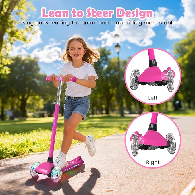 TONBUX Kids Scooter for Ages 3-8: 3-Wheel Kick Scooter with LED Light-Up Wheels & Deck, 7 Lighting Modes, 4 Adjustable Heights, Metal-Reinforced Deck, Lean-to-Steer Balance Training Toddler Scooter