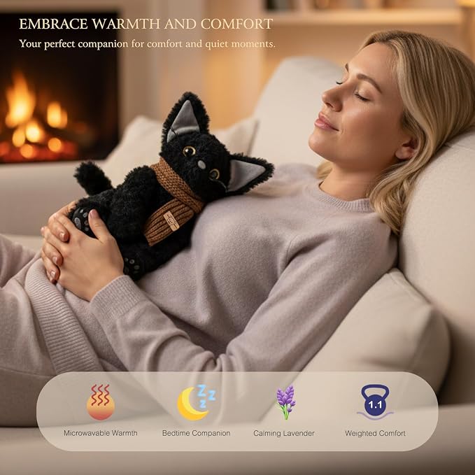 KOWSI® Microwavable Heating Pad Black Cat Plush - Weighted Stuffed Animal Toy with Tourmaline Beads & Lavender - 1.1 lb for Long Lasting Cozy Warmth & Relaxation - Includes Gift Box & Greeting Card