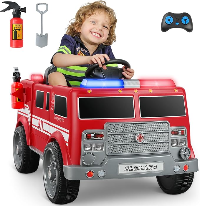ELEMARA 12V Ride on Fire Truck, Electric Ride on Car for Kids,Battery Powered Toddler Car w/Parent Remote Control,Siren-Call,walkie-talkies, Flashing Lights,Fire Extinguishers, Bluetooth,Music,UBS.