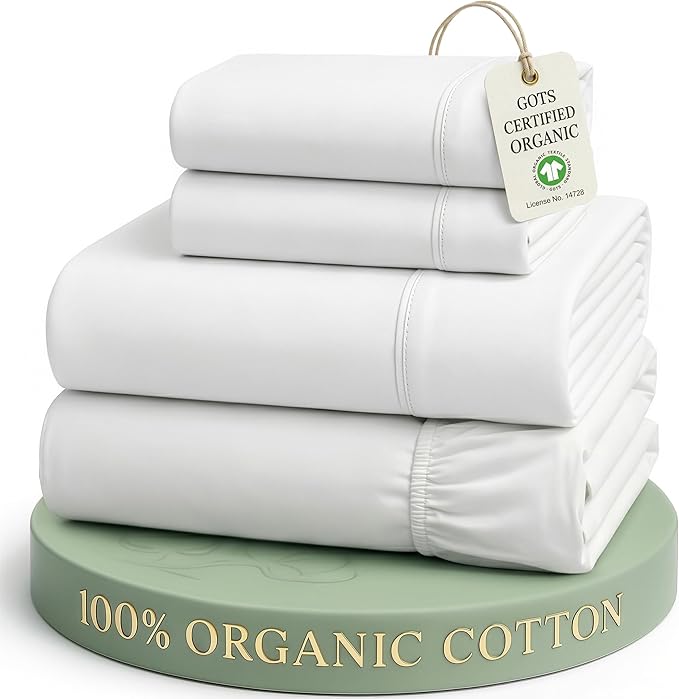 LANE LINEN King Sheets 100% Organic Cotton 4pc Percale Cooling Soft - White | GOTS Certified Organic Cotton Percale King Sheet Set - For Hot Sleepers, All-Season Comfort, For Master Bedrooms