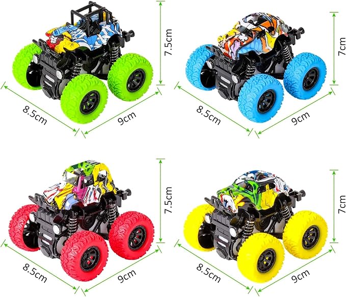 M SANMERSEN Monster Truck Toys for Kids, Friction Cars for Toddlers Push and Go 360° Rotating Stunt Car for 3+ Year Old Boys Girls Gifts (4 Pack - Blue/Green/Red/Yellow)