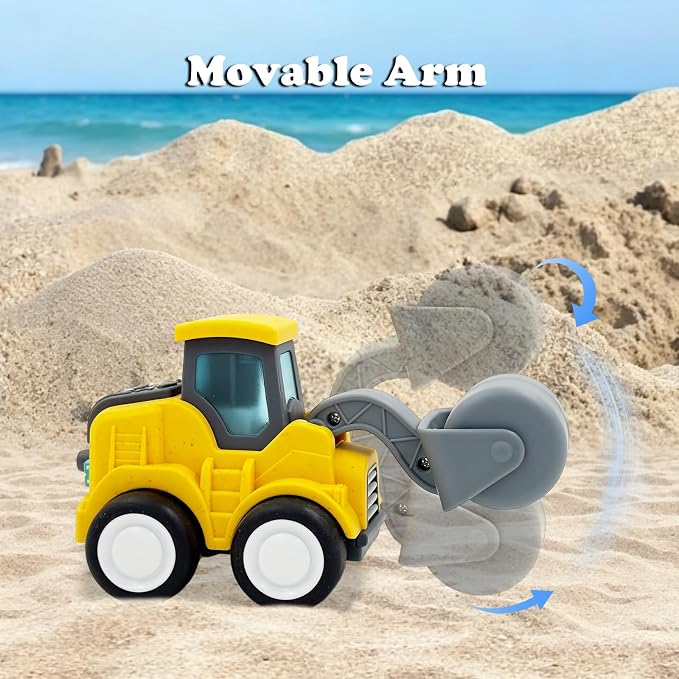 Construction Toys for Toddlers 1-3 Years Old, Press and Go Road Roller Truck Sand Toys with Movable Arm, Safe Wheat Straw Material, Birthday for Boys and Girls
