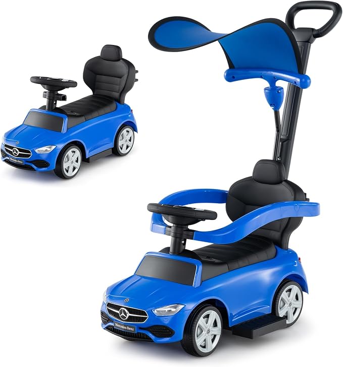 Costzon Push Car for Toddlers, 3 in 1 Mercedes Benz Stroller Sliding Walking Car w/Canopy, Handle, Safety Bar, Horn Sound, Underneath Storage, Foot-to-Floor Ride On Toy for Boys & Girls (Blue)