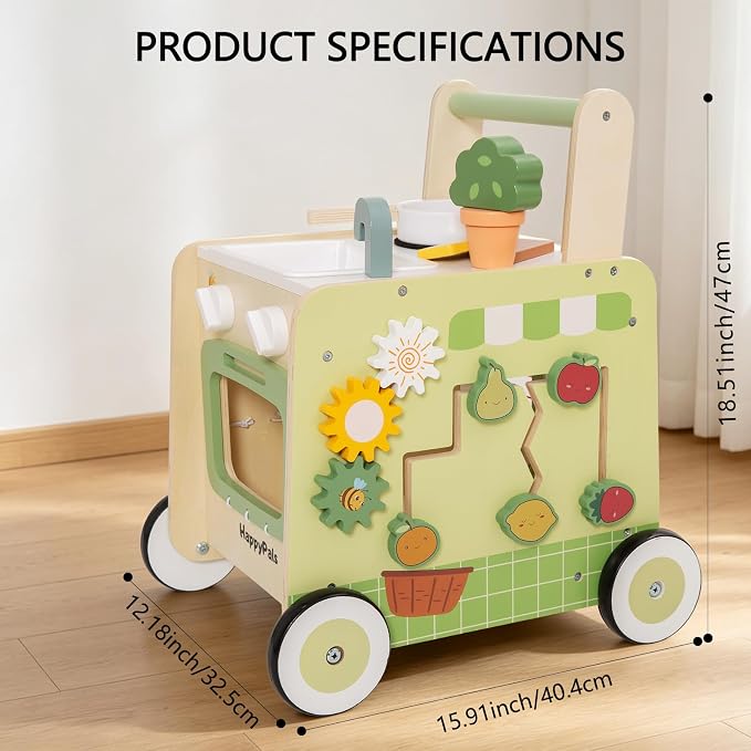 6-in-1 Wooden Baby Push Walker, Montessori Activity Center for Toddlers 1-3, Pretend Play Kitchen Stroller with Speed Control & Shape Sorter, Early Learning Development Gift for Boys Girls