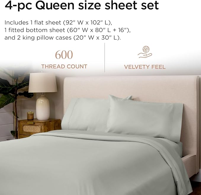 Threadmill 100% Cotton Sheets for Queen Size Bed - 600 Thread Count Queen Bed Sheets Set with 16” Deep Pocket - Sateen Weave 4-Piece Bedding Set with Cooling Effect, Light Grey
