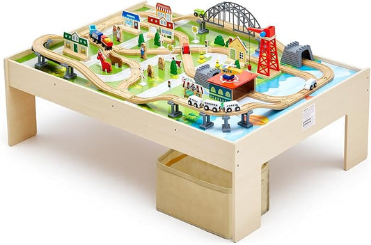 VEVOR Train Table, 120 Multicolor Pieces Wooden Kids Activity Table with Collapsible Storage Bin, 3-in-1 Wooden Train Set for Gaming, Drawing, Reading, Eating, Creative Toy Set for Kids Ages 3+