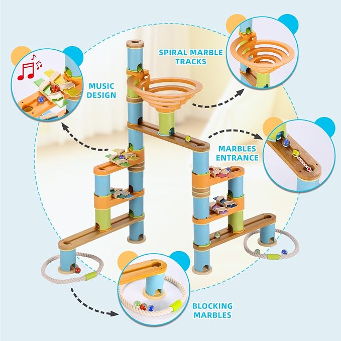 Natural Bamboo Marble Run Toy Set — Musical STEM Building Blocks for Kids — Shatter-Proof Design with Clever Cord-Catch — Eco-Friendly Educational Gift — 98 Pcs