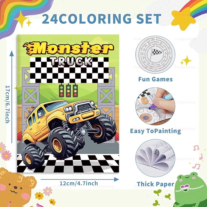 BenLouis 24 Pcs Monster Truck Mini Coloring Books Kids Monster Car Party Favors Small Activity Books Bulk for Kids Monster Truck Birthday Goodie Bags Stuffers Return Gifts Classroom Travel
