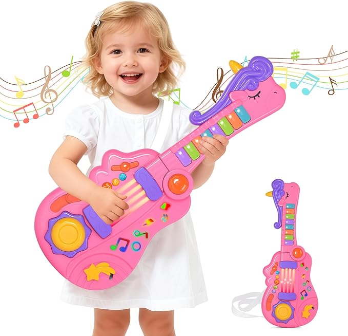 M SANMERSEN 3-in-1 Toddler Guitar Toys for Kids with Piano Drum, Electric Musical Toy with Strap Light Up 3 4 5 Year Old Boys Girls Gifts