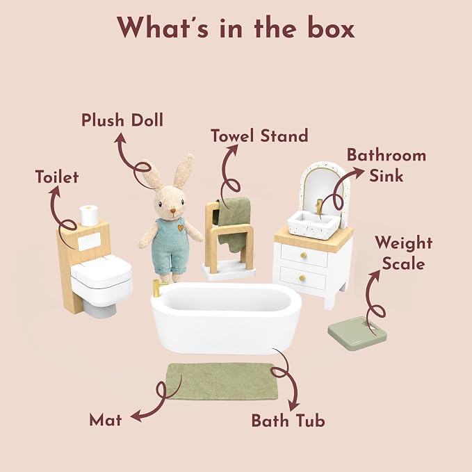 SPEEDY MONKEY Wooden Dollhouse Bathroom Playset with Bunny for Pretend Play | Miniature Bathroom Furniture Set with Bathtub, Sink, Toilet & Mirror | for Kids Ages 3+