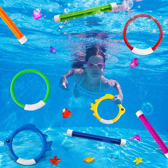 YUJUN 18PCS Pool Diving Swimming Toys, Summer Underwater Game Toys with Pool Fishes Dive Sticks Rings Gems Storage Bag for Kids Swim Birthday Party Favors