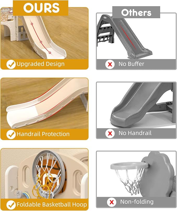 XJD 8 in 1 Toddler Slide Set, Kids Slide for Toddlers Age 1+, Climber Slide PlaySet with Basketball Hoop and Ball,Outdoor Indoor Playground for Toddlers 1-3 (Beige Coffee, 8 in 1)