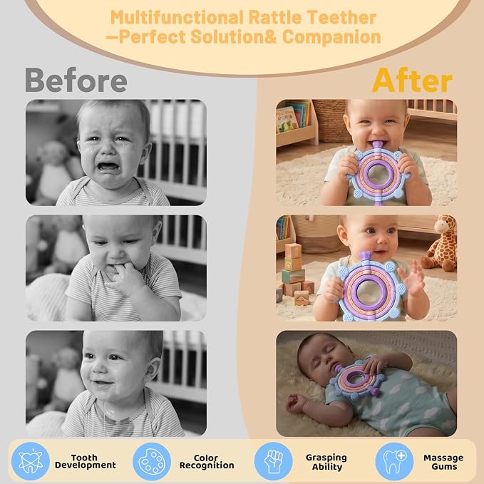 Rotatable Baby Teething Rings Rattle Toys for Infants 3-12 Months, Silicone Baby Teether Sensory Toys with Raised Textured Bumps, Safe & Soft for Chewing, Teething Relief, Soothing Sore Gums, BPA-Free