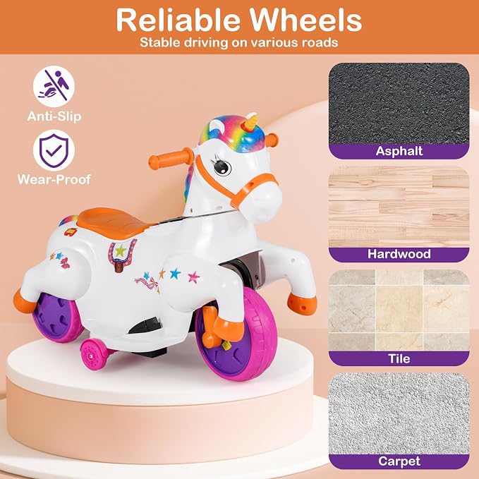 Costzon Ride on Car, 12V Ride on Toys for Toddlers Pony with Training Wheels, up & Down Mode, Music & LED Power Display, Motorized Play Horse, Kids Car Motorcycle for Boys Girls (Rainbow)